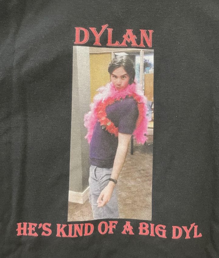 A photo of Dylan wearing a feather boa on a t-shirt that reads "Dylan, He's Kind of a Big Dyl"