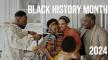 Background image of 6 people embracing in a kitchen, with text overlay reading "Black History Month 2024"