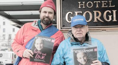 Former Vancity Community Foundation executive director Derek Gent joins vendor Bob Dennis for Megaphone Magazine’s annual Big Sell on January 20, 2018