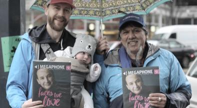 Former Vancity Community Foundation executive director Derek Gent joins vendor Bob Dennis for Megaphone Magazine’s annual Big Sell on January 20, 2018.