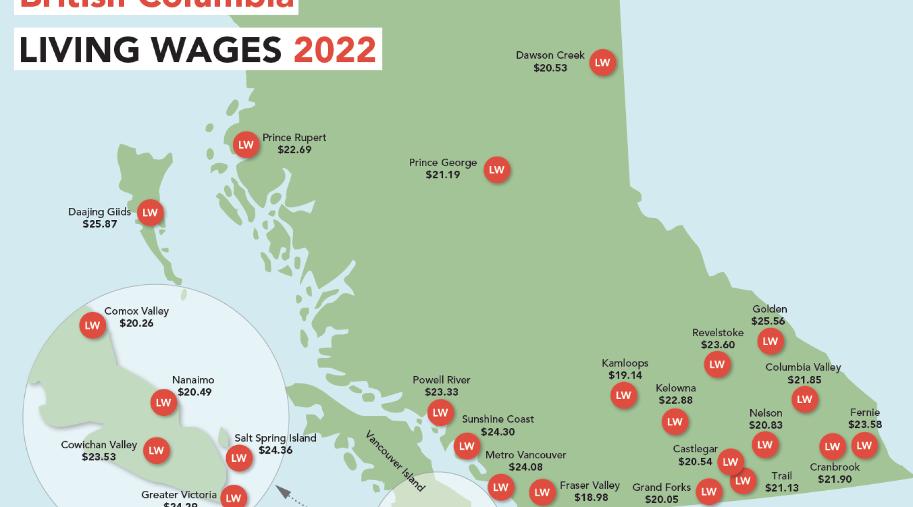 Map of Living Wages across BC